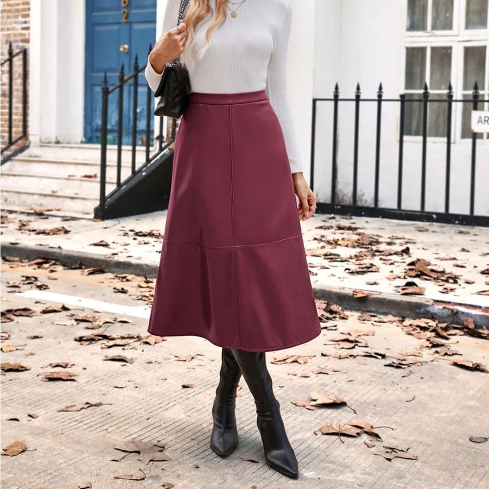 Kate Kasin 2025 Women's Faux Leather Skirts, High Waist A Line Skirt, midi